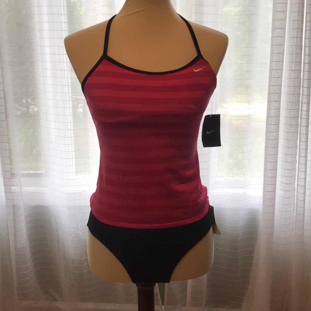 Nike Pink striped tankini top with black bottom